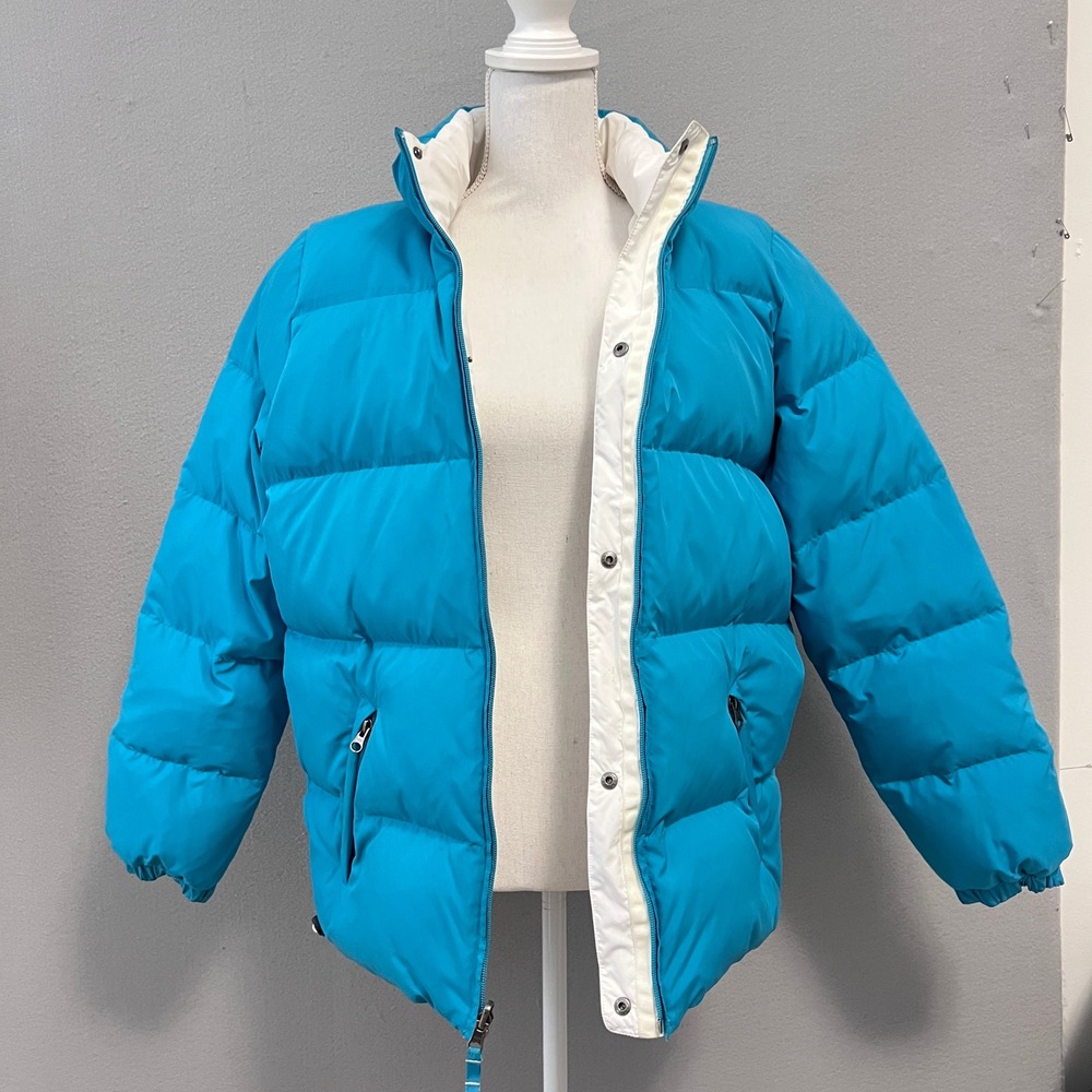 Vintage Y2K Old Navy Puffer Jacket Women L Teal Blue Reversible Down Ski Snow